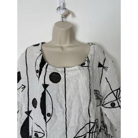 Vasna 100% Linen Fish Print Dress Plus Sz 1X Pockets Lagenlook Coastal Beach Art - Picture 8 of 10